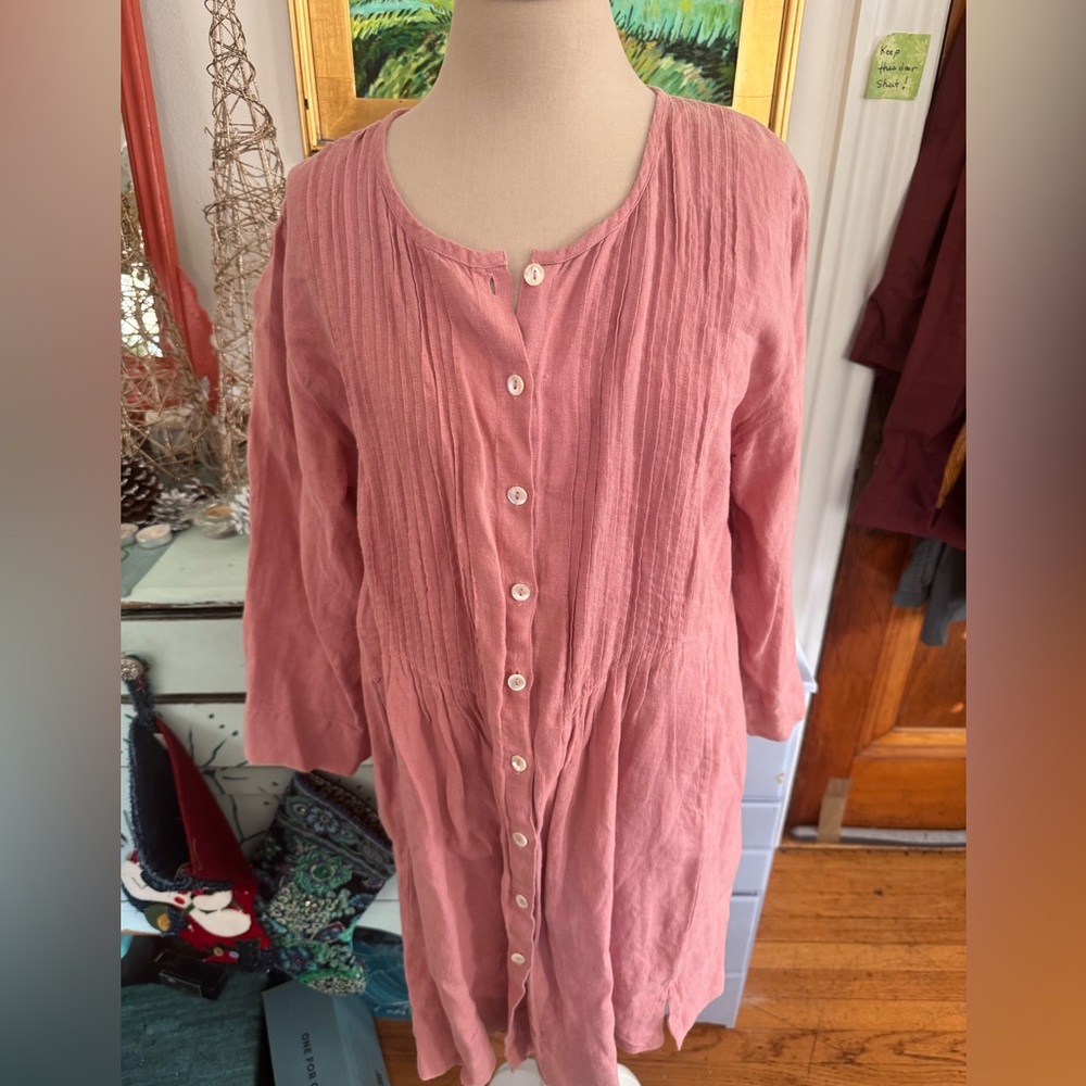 Gudrun Sjoden Pleated Dusty Pink Linen Tunic M Pockets Lagenlook Summer VGUC